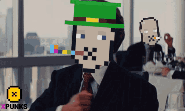 a pixel art of a man in a suit and tie with xpunks on the bottom right