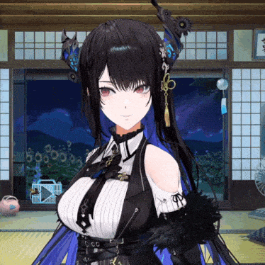 a girl with long black hair and red eyes is standing in front of a screen that says ' 00 ' on it