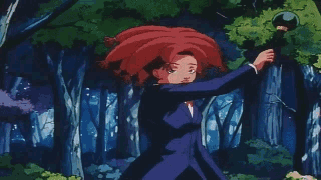 a cartoon character with red hair is holding a sword
