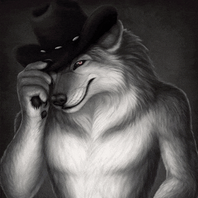 a furry wolf wearing a cowboy hat is smiling