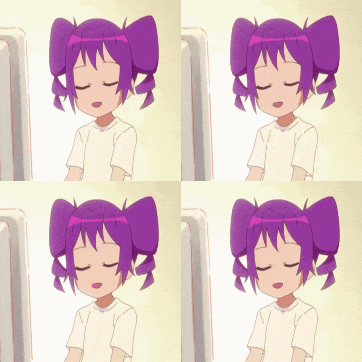 four pictures of a girl with purple hair and pink eyes