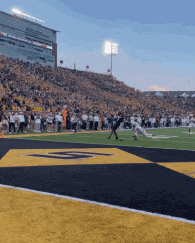 a football game is being played in a stadium with the letter g on the field