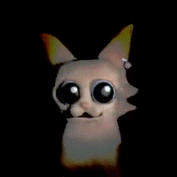a cartoon cat with big eyes is looking at the camera in the dark .
