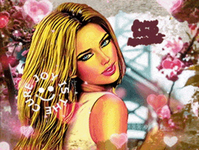 a cartoon drawing of a woman with hearts around her