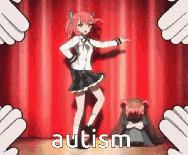a cartoon girl is dancing in front of a red curtain with the word autism written in white letters