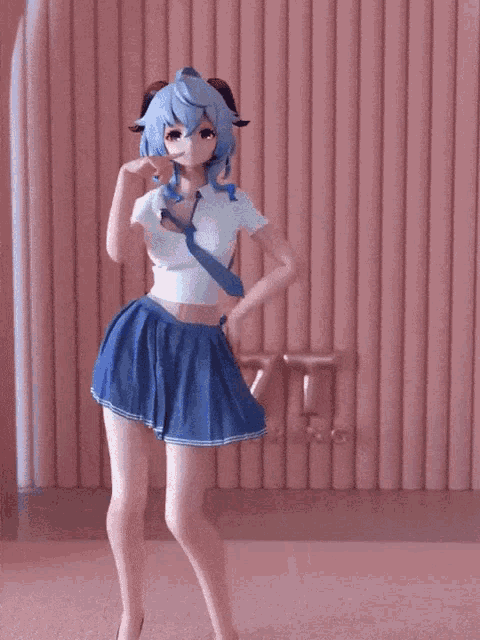 a girl with blue hair is dancing in front of a pink wall .