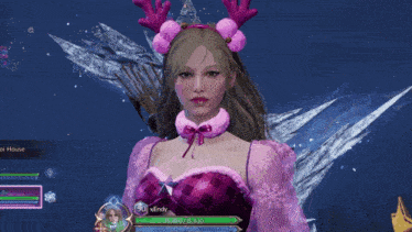 a video game character is wearing a pink dress and a reindeer antlers headband