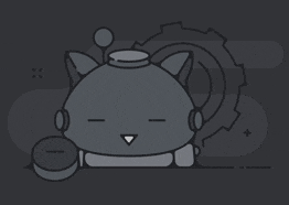 a cartoon drawing of a robotic cat with headphones and a gear behind it