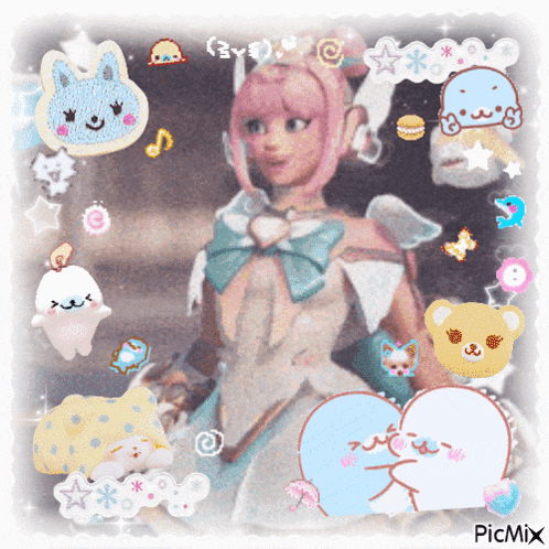 a picture of a girl with pink hair is surrounded by stickers including one that says ' picmix ' on it
