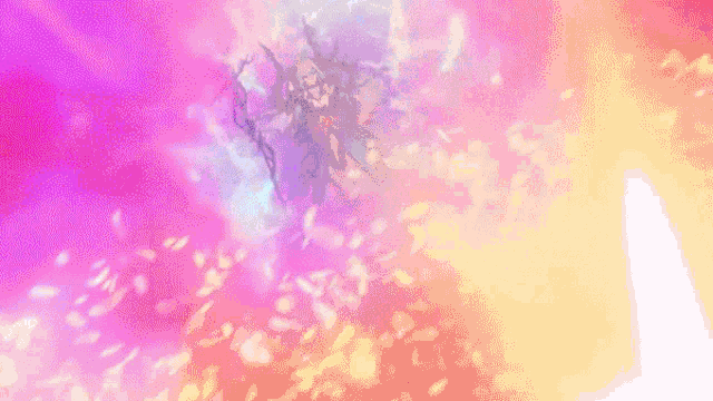 a woman in a purple dress is flying through a purple and pink background .