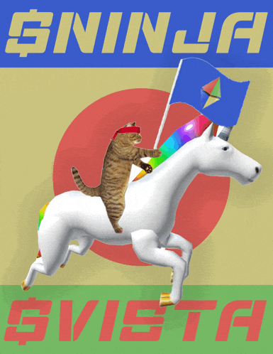 a cat is riding on the back of a unicorn with the words ninja svista below it