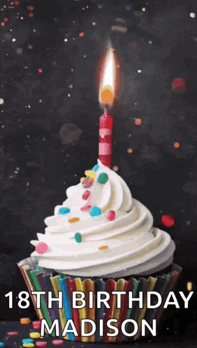 a cupcake with a lit candle on top of it and the words `` 18th birthday madison '' below it .