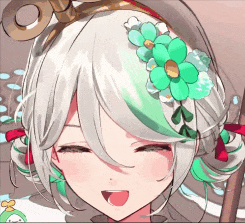 a close up of a girl 's face with a flower in her hair