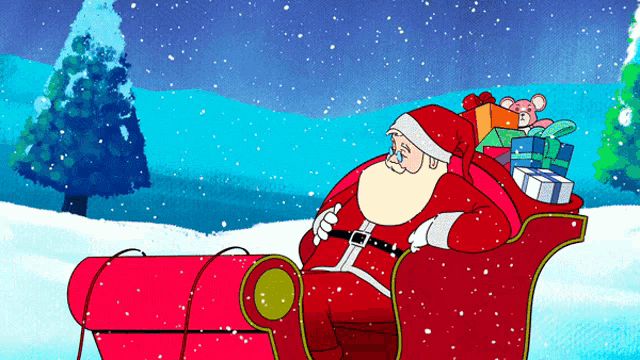 a cartoon of santa claus sitting in a sleigh with gifts