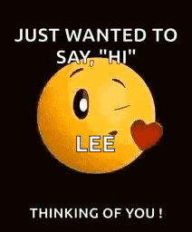 a yellow smiley face with the words `` just wanted to say hi '' and `` lee thinking of you '' .