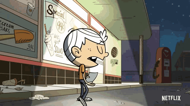 a cartoon character is standing in front of a sign that says special