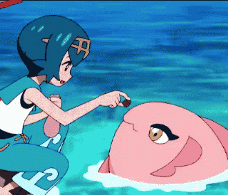 a cartoon of a girl feeding a pink fish with the letter s on her pants