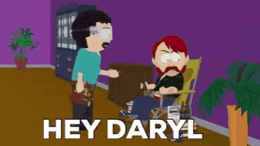 a cartoon of a man sitting in a chair talking to another man with the words hey daryl on the bottom
