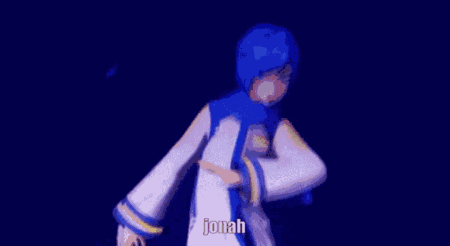 a blue and white anime character is dancing with his arms outstretched and the word jonah is on the bottom .