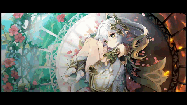 a drawing of a girl with white hair and a fan