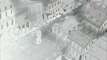 a black and white drawing of a landscape with a few buildings and a hill in the background