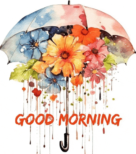 a watercolor painting of a colorful umbrella with flowers coming out of it and the words good morning below it