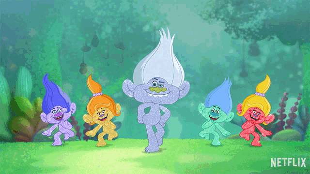 a group of trolls with netflix written on the bottom of the image