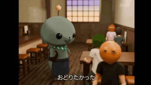 a cartoon character with a scarf around his neck is standing in a room with other people