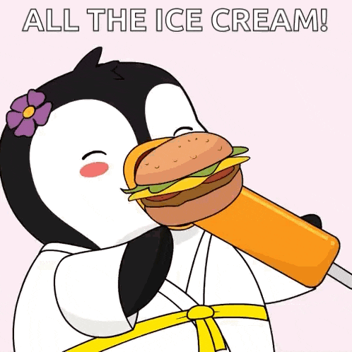 a penguin is eating an ice cream cone with the words " all the ice cream " above it