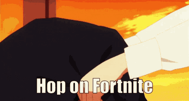 a picture of a person with the words hop on fortnite