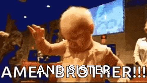 a baby is dancing in front of a screen that says ameand sisterer