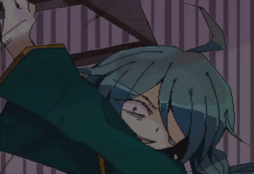a pixelated drawing of a girl with blue hair