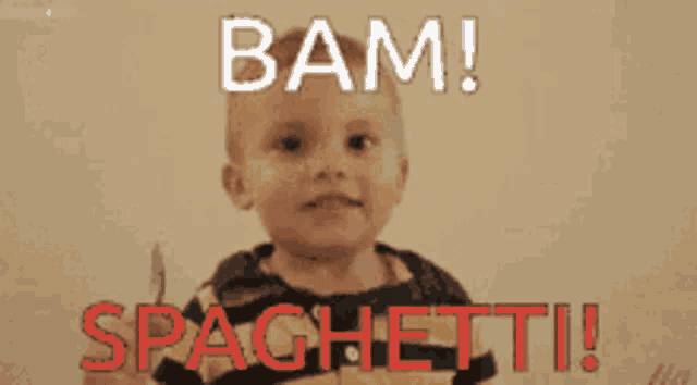 a baby is holding a knife with the words bam spaghetti written on it