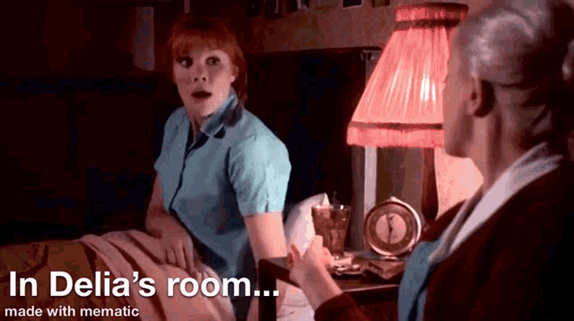 two women are sitting next to each other in a room with the words in delia 's room made with mematic below them