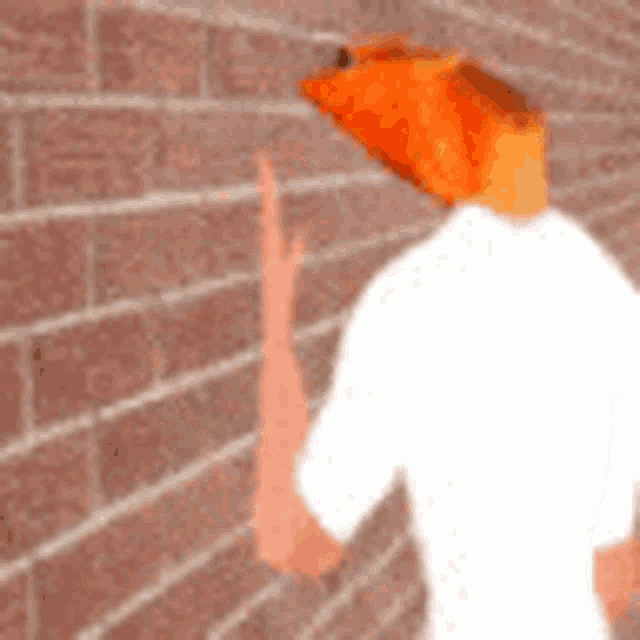 a person with an orange hat on their head is standing next to a brick wall .