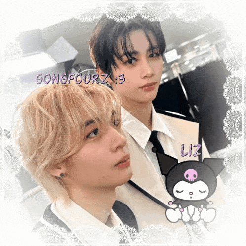 gongfourz and liz are standing next to each other in a picture frame