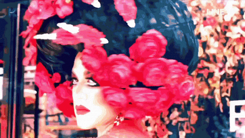 a painting of a woman with red flowers in her hair and the word line on the bottom