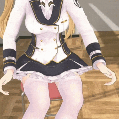 a woman in a white and black uniform is sitting on a chair