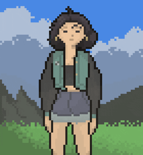 a pixel art of a girl standing in a grassy field