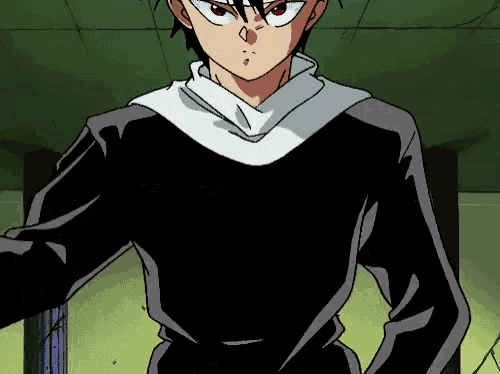 a cartoon character is wearing a black sweater and a white scarf around his neck
