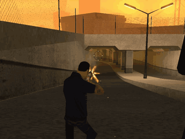 a man in a video game is aiming a gun at a target
