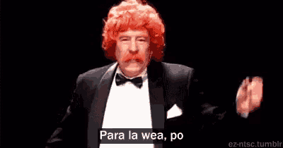 a man with red hair and mustache is wearing a tuxedo and bow tie and says para la wea po .