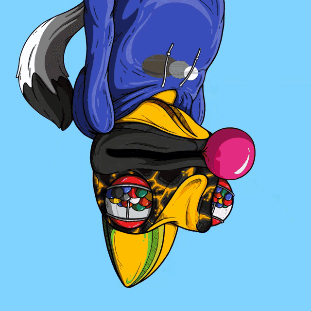 a cartoon drawing of a clown hanging upside down with a pink bubble gum