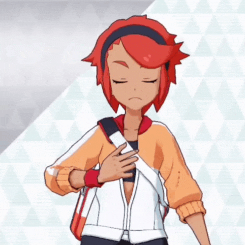 a cartoon girl with red hair is holding her chest