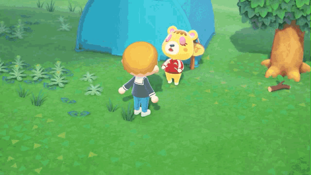 a cartoon character named tammy is standing next to a blue tent