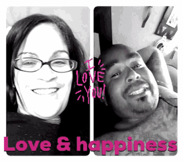 a black and white photo of a man and woman with the words love and happiness