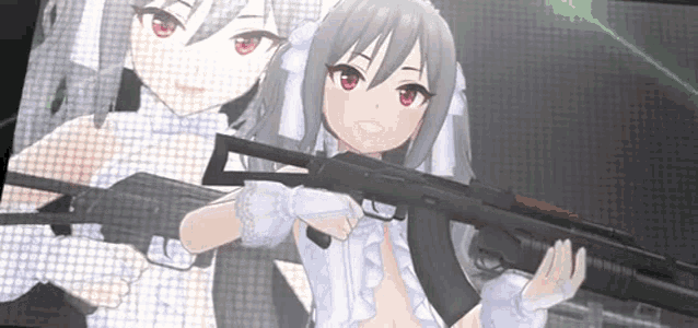 a girl in a wedding dress is holding a gun .