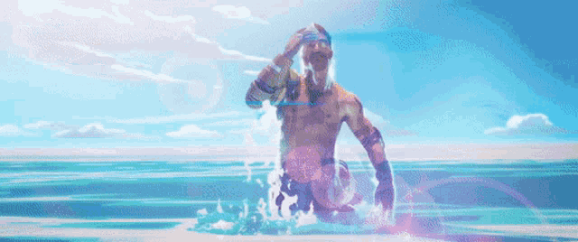a shirtless man with a mustache is standing in front of a blue sky