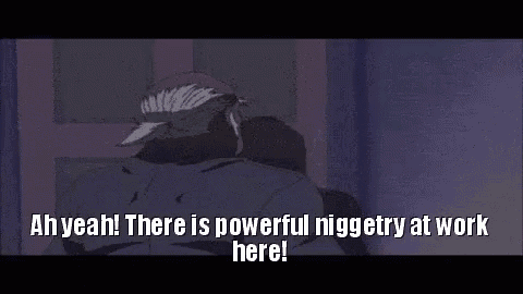 a man is standing in front of a door with the words `` ah yeah there is powerful niggetry at work here ''