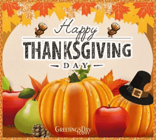 a happy thanksgiving day greeting with pumpkins apples and turkeys